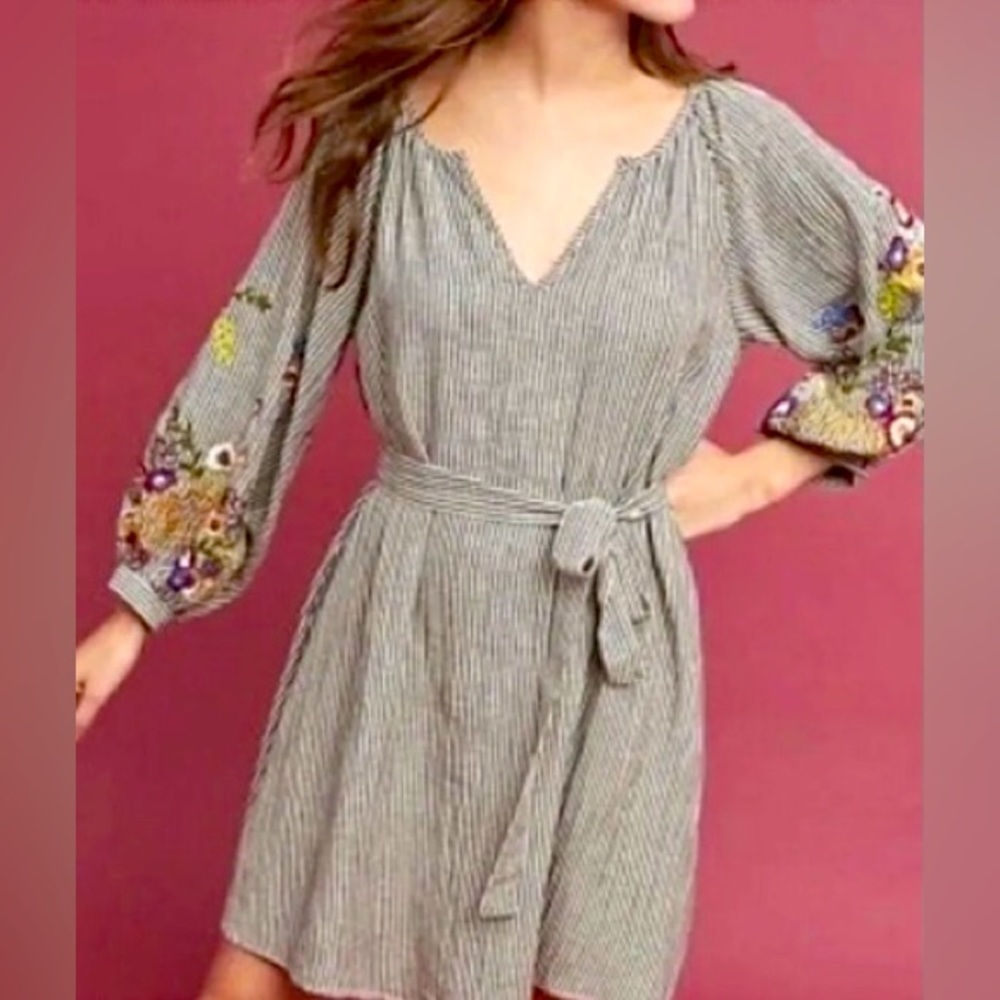 Feather Bone by Anthropologie | Women’s striped‎ dress, embroidered sleeves, XS